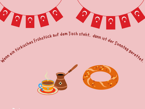 Ankündigungsplakat mit gezeichnetem türkischem Kaffeegeschirr und Cimit-Kringel